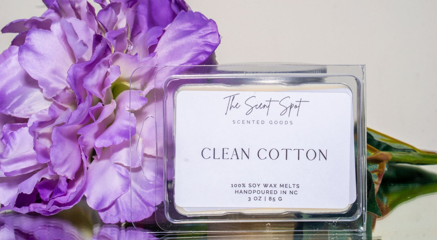 The Scent Spot Clean Cotton Wax MeltsWax MeltsIntroducing our soy wax melts, crafted to envelop your space with a delicate and fresh aroma. Beginning with gentle notes of powder and ozone at the top, these meltsClean Cotton Wax Melts