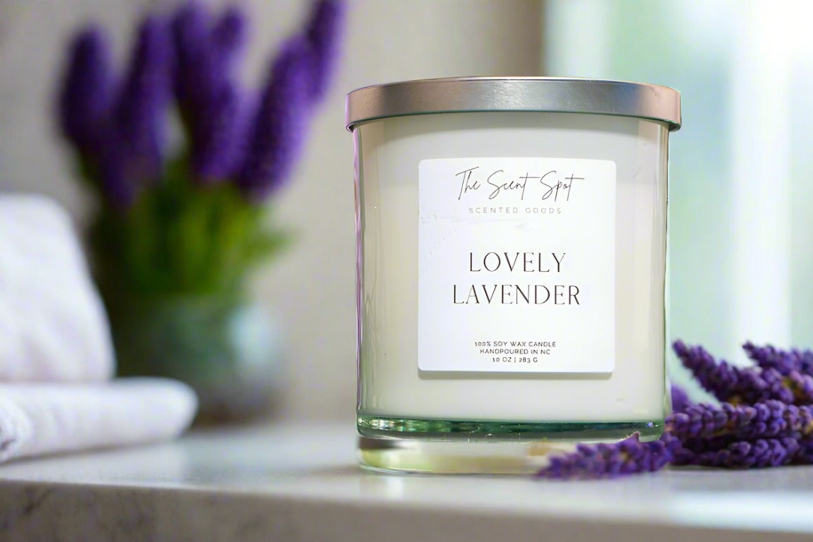 The Scent Spot Lovely Lavender CandleCandleThis soy candle is the perfect blend of calming and invigorating scents. The lavender and chamomile provide a soothing aroma, while the musk adds a subtle complexityLovely Lavender Candle