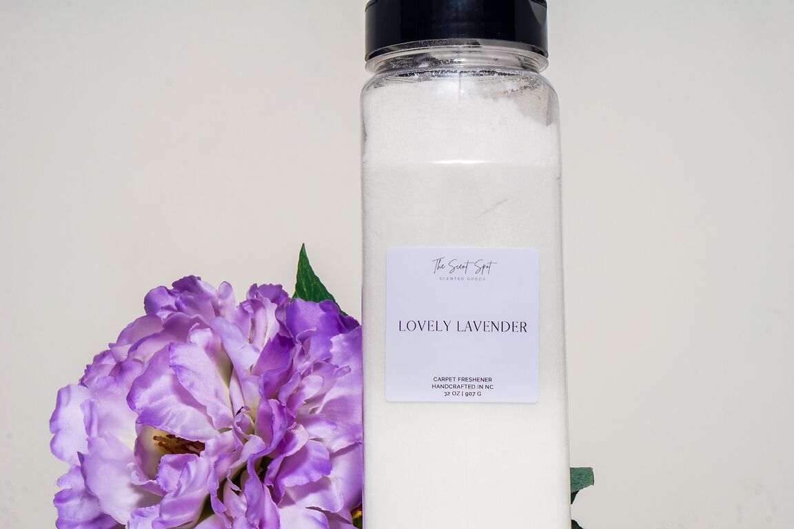 The Scent Spot Lovely Lavender Carpet Freshenercarpet freshenerRevitalize your carpets with our freshener, infusing your home with a serene and rejuvenating aroma. Starting with the calming blend of lavender and chamomile at theLovely Lavender Carpet Freshener