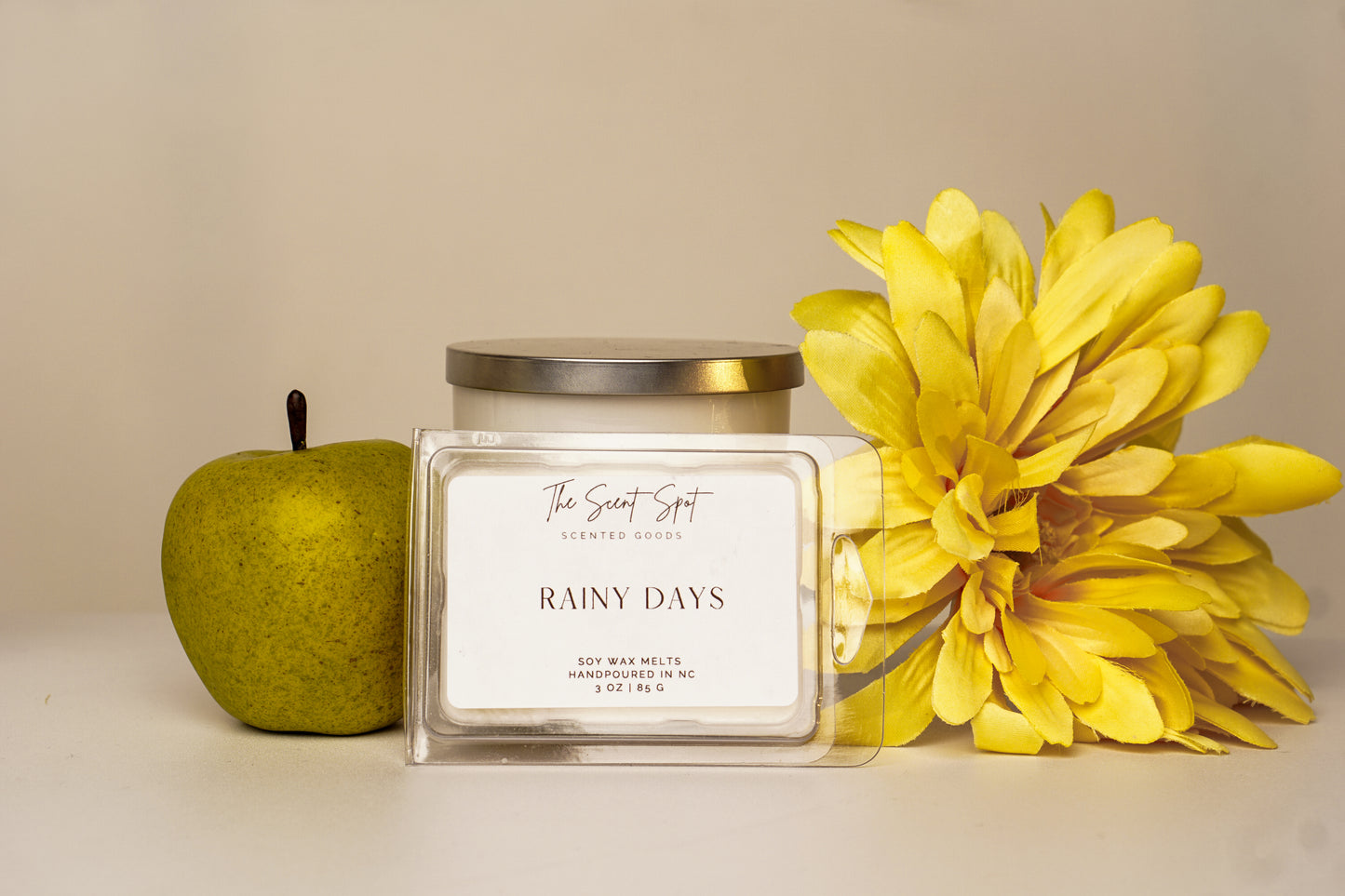 The Scent Spot Rainy Days Wax MeltsWax MeltsTop: Grass
Middle: Jasmine
Base: Ozone
Contains 100% soy wax which creates a much cleaner and slower, chemical and toxin free melt pool.
This item is part of our sRainy Days Wax Melts