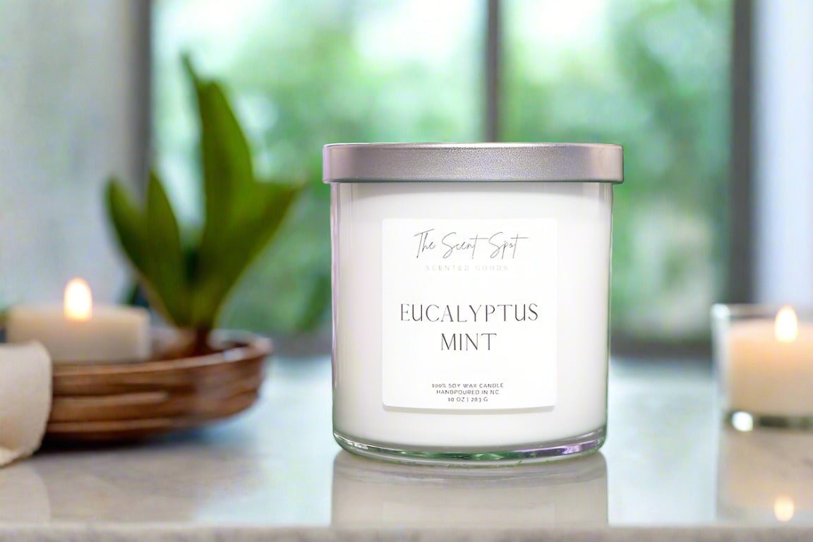 The Scent Spot Eucalyptus Mint CandleCandleThis soy candle is the perfect addition to any home looking for a refreshing and invigorating fragrance. This clean and crisp aroma is ideal for creating a calming eEucalyptus Mint Candle